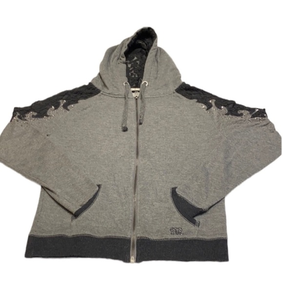 Miss Me Zip hoodie with lace design Grey & Black Jacket XS - Picture 4 of 9